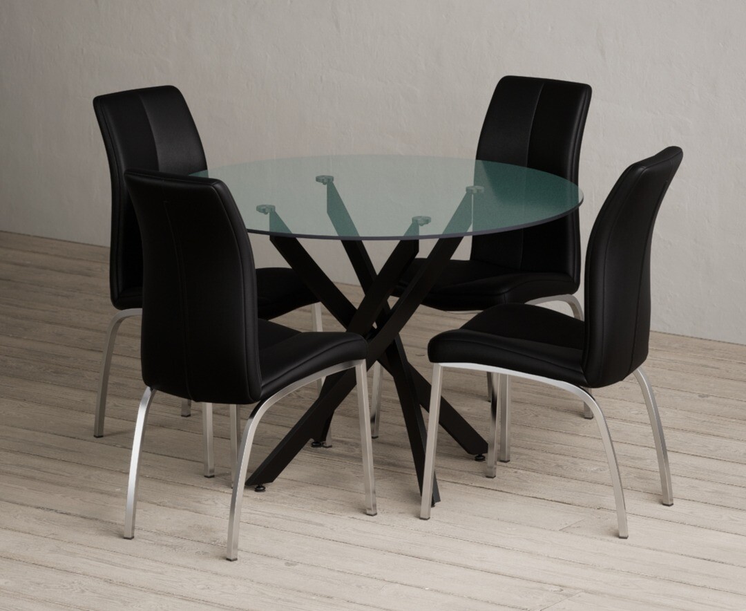 Bernini 110cm Black Leg Glass Dining Table with 4 Black Marco Chairs