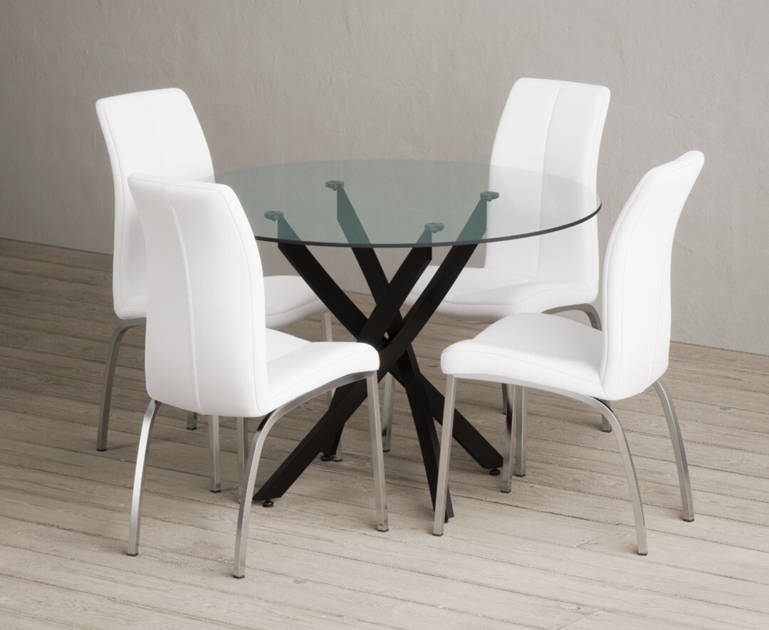 Bernini 110cm Black Leg Glass Dining Table with 4 White Marco Chairs