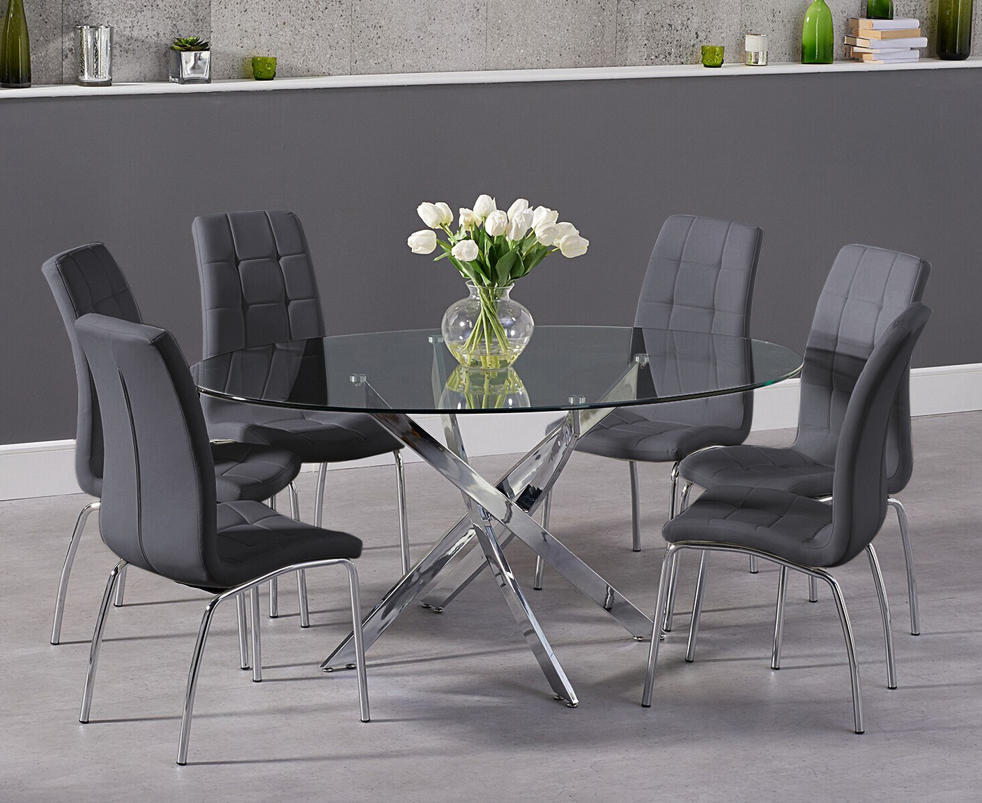 Bernini 165cm Oval Glass Dining Table With 6 Grey Vigo Chairs