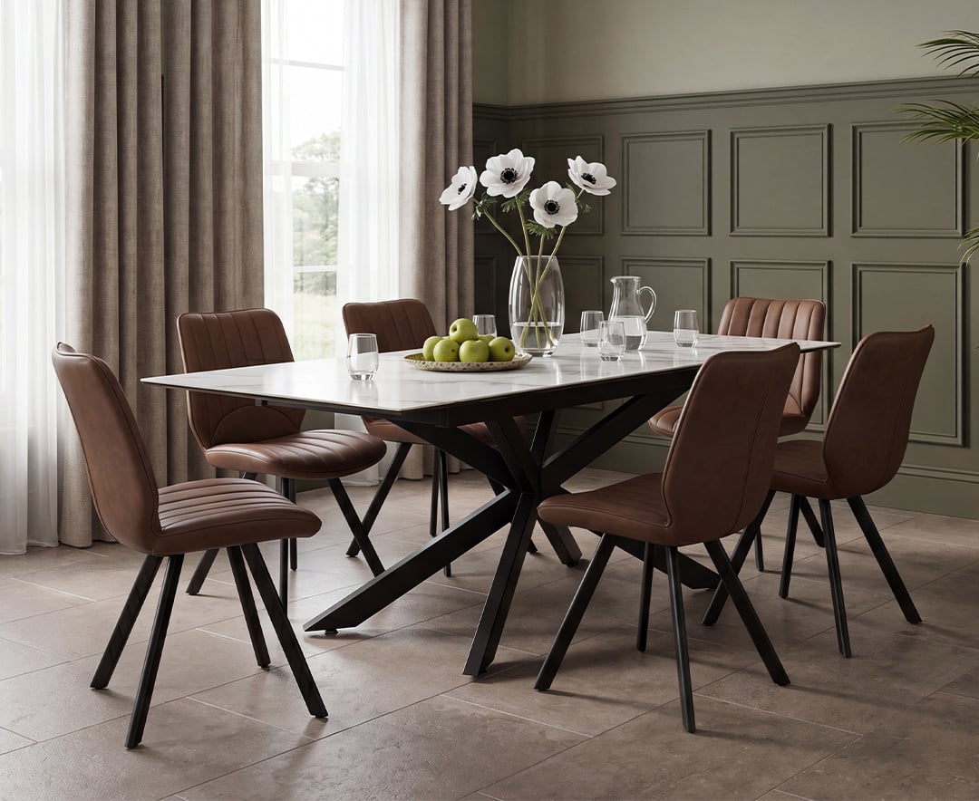 Extending Boston 180cm White Ceramic Dining Table with 6 Brown Hendrick Chairs