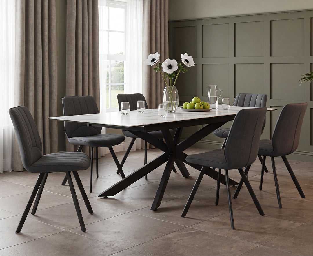 Extending Boston 180cm White Ceramic Dining Table with 6 Grey Hendrick Chairs