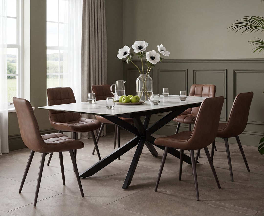 Extending Boston 180cm White Ceramic Dining Table with 6 Brown Larson Chairs