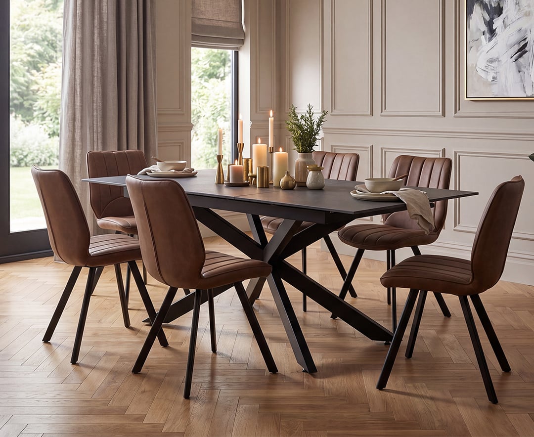 Extending Boston 180cm Grey Stone Dining Table with 6 Brown Hendrick Chairs