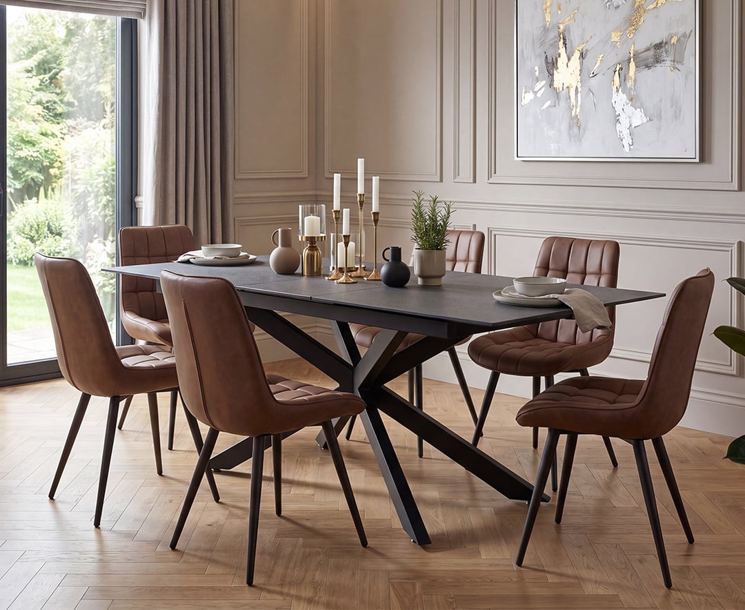 Extending Boston 180cm Grey Stone Dining Table with 6 Brown Larson Chairs