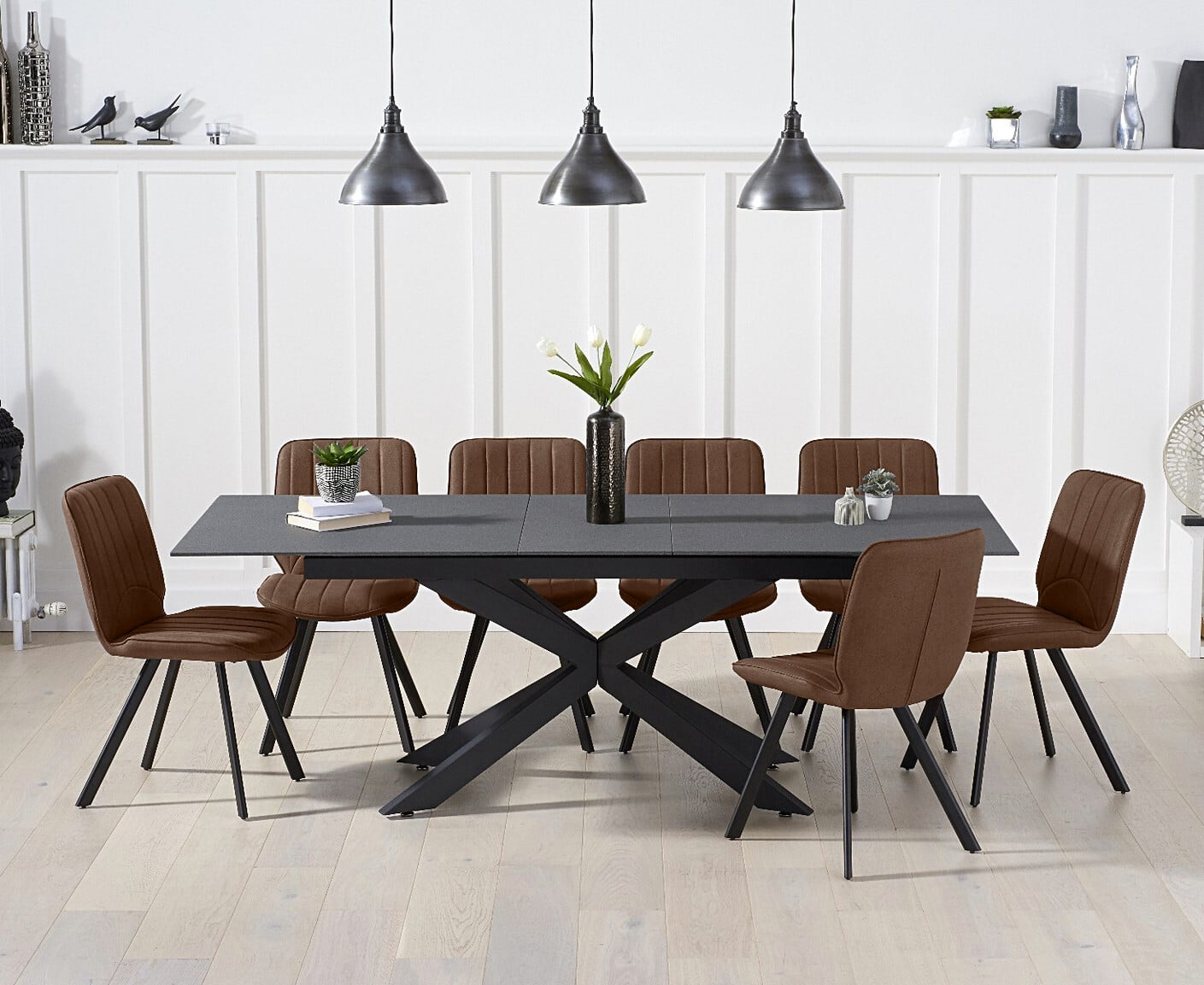 Extending Boston 180cm Grey Stone Dining Table With 6 Brown Hendrick Chairs