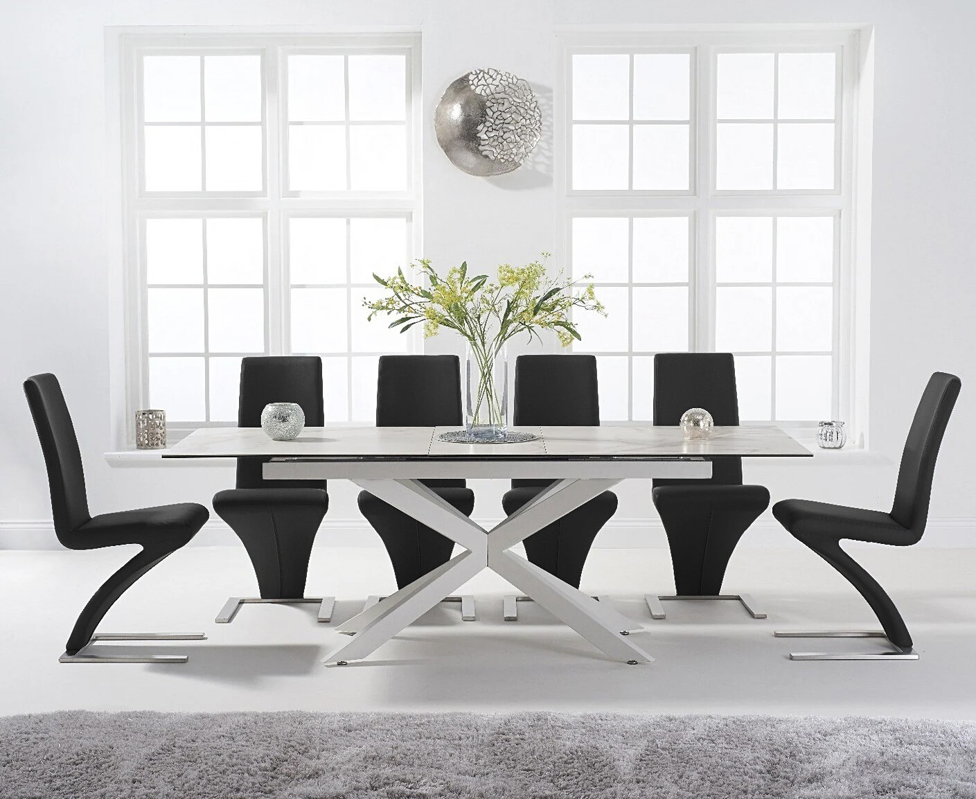 Extending Boston 180cm White Ceramic Dining Table with 8 Grey Aldo Chairs