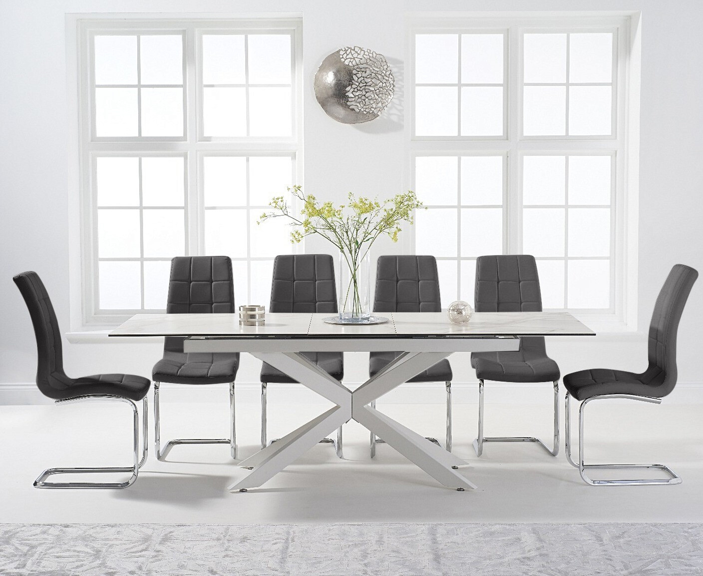 Extending Boston 180cm White Ceramic Dining Table With 10 Grey Vigo Chairs