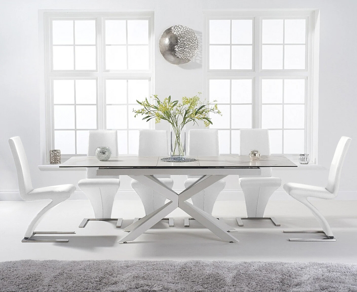 Extending Boston 180cm White Ceramic Dining Table with 8 Grey Aldo Chairs