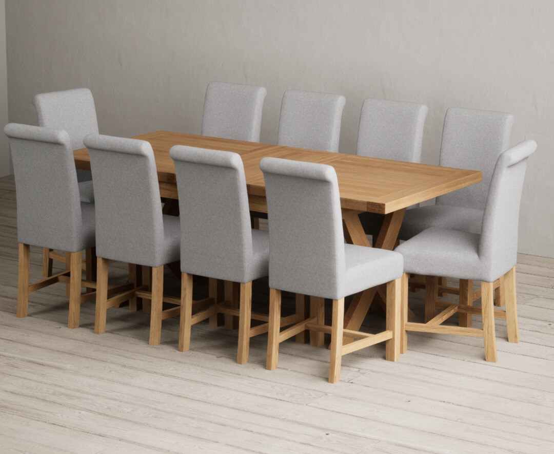 York 150cm Solid Oak Dining Table with 4 Light Grey York Chairs and 2 Oak Benches