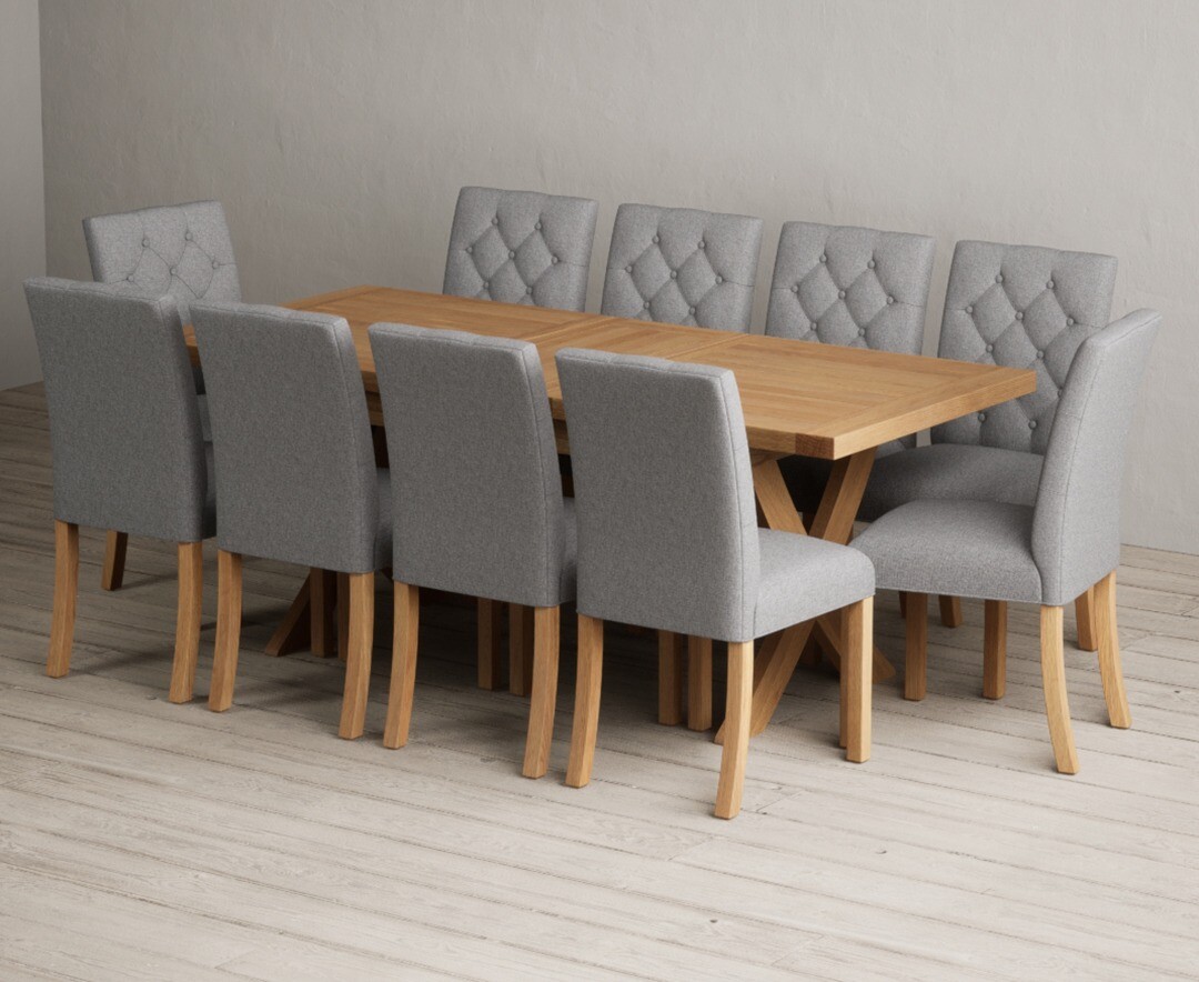 Extending Buckley 160cm Solid Oak Dining Table with 10 Grey Isabella Chairs