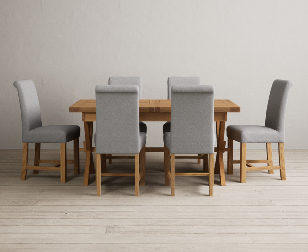 York 150cm Solid Oak Dining Table with 4 Light Grey York Chairs and 2 Oak Benches