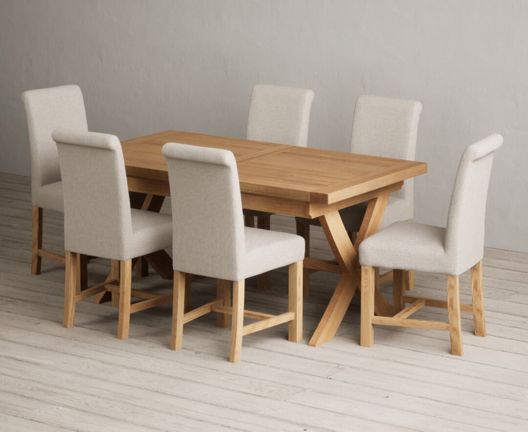 Extending Buckley 160cm Solid Oak Dining Table With 6 Blue Braced Chairs