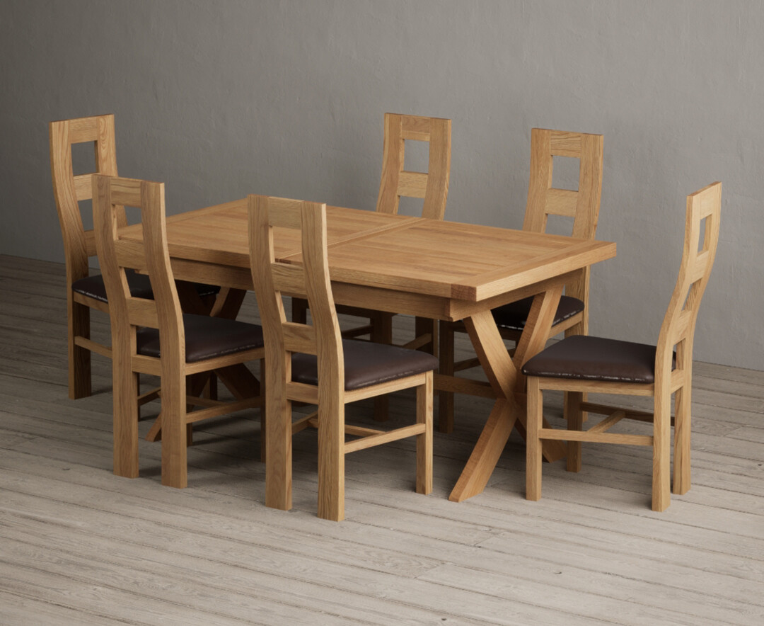 Extending Buckley 160cm Solid Oak Dining Table with 8 Brown Natural Solid Oak Chairs