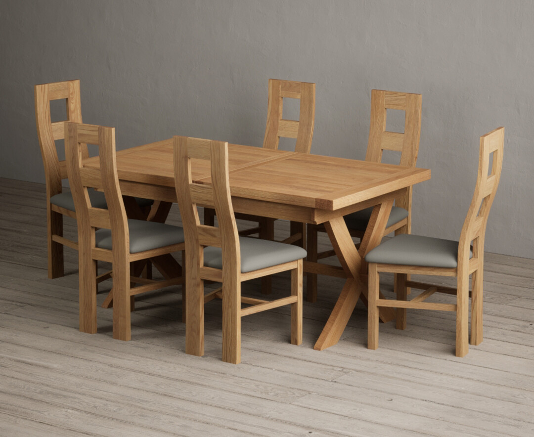 Extending Buckley 160cm Solid Oak Dining Table with 8 Grey Natural Solid Oak Chairs