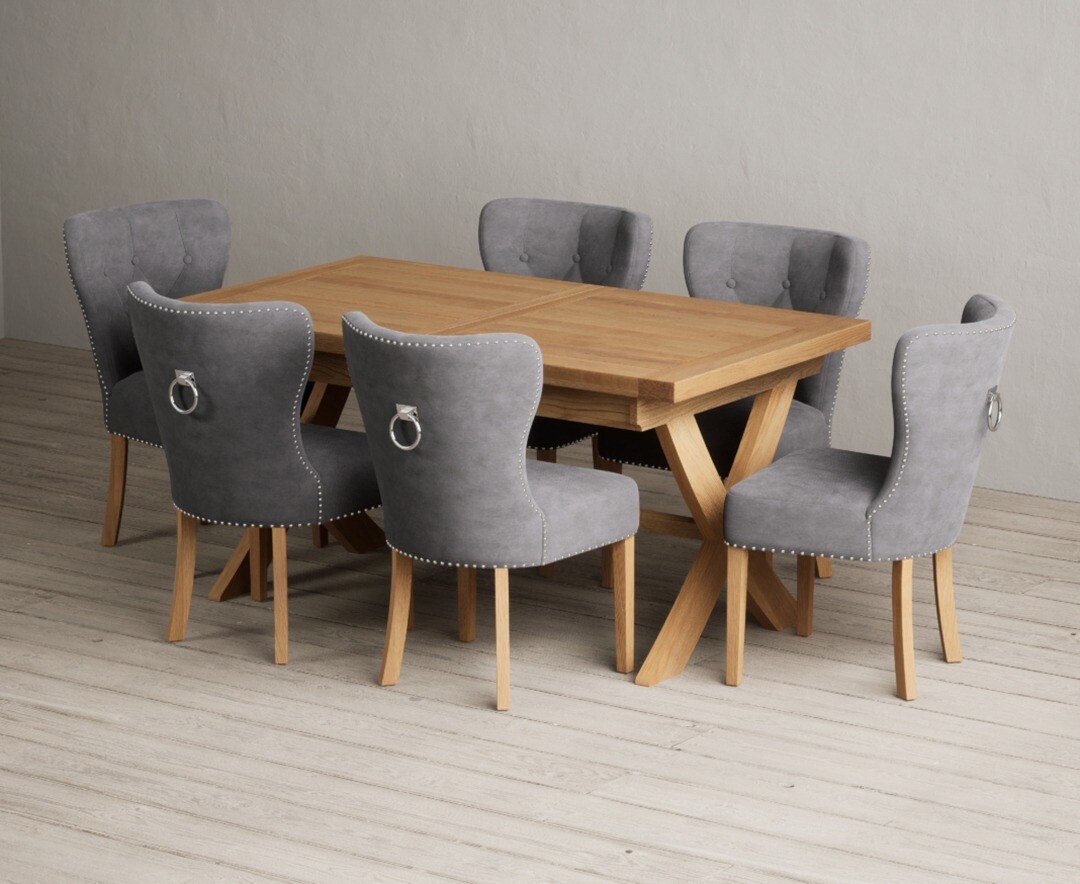 Extending Buckley 160cm Solid Oak Dining Table With 6 Grey Keswick Chairs