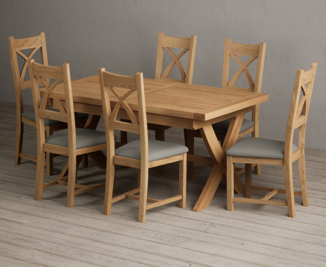 Extending Buckley 160cm Solid Oak Dining Table with 4 Grey Natural Solid Oak Chairs