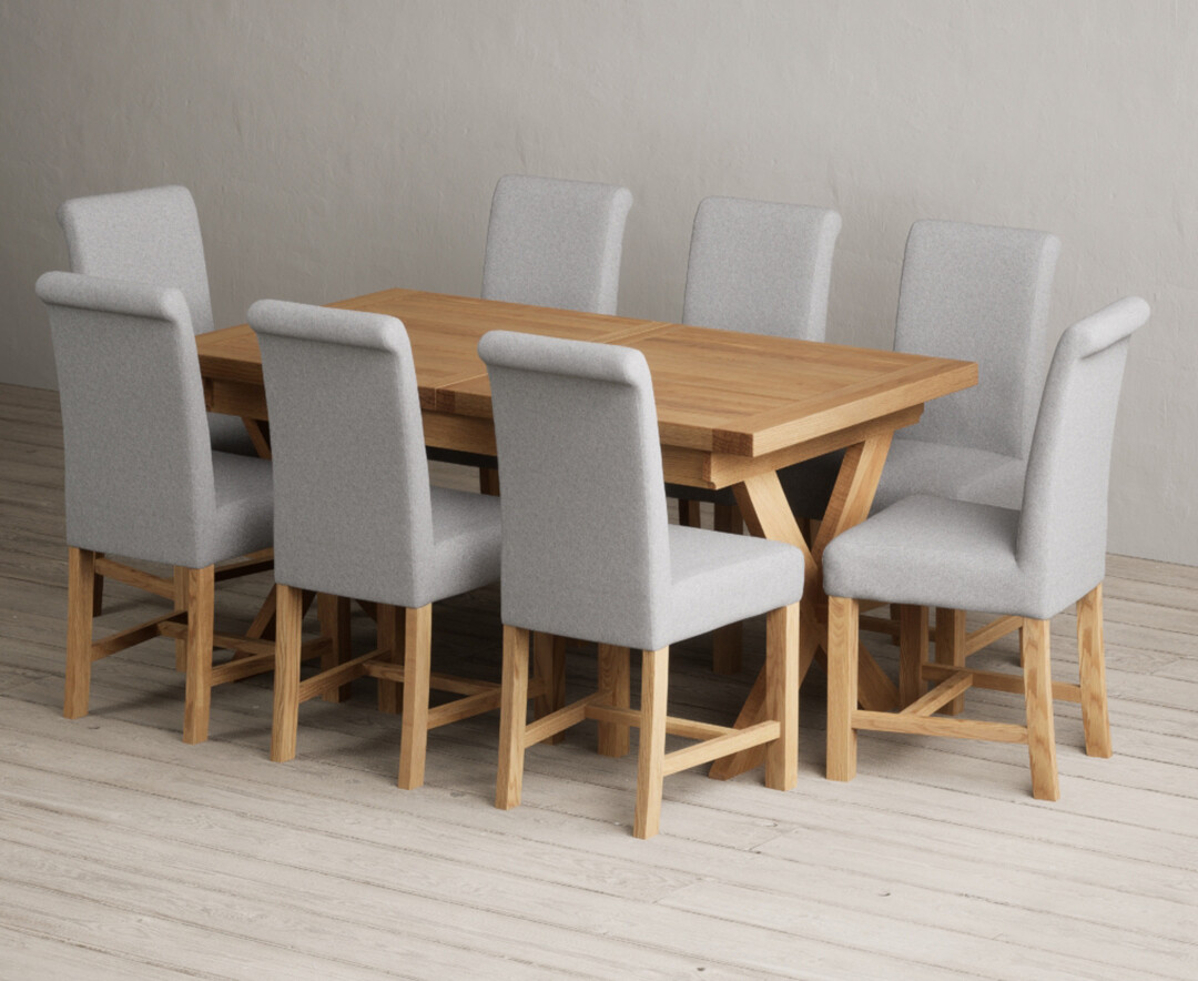 York 150cm Solid Oak Dining Table with 4 Light Grey York Chairs and 2 Oak Benches