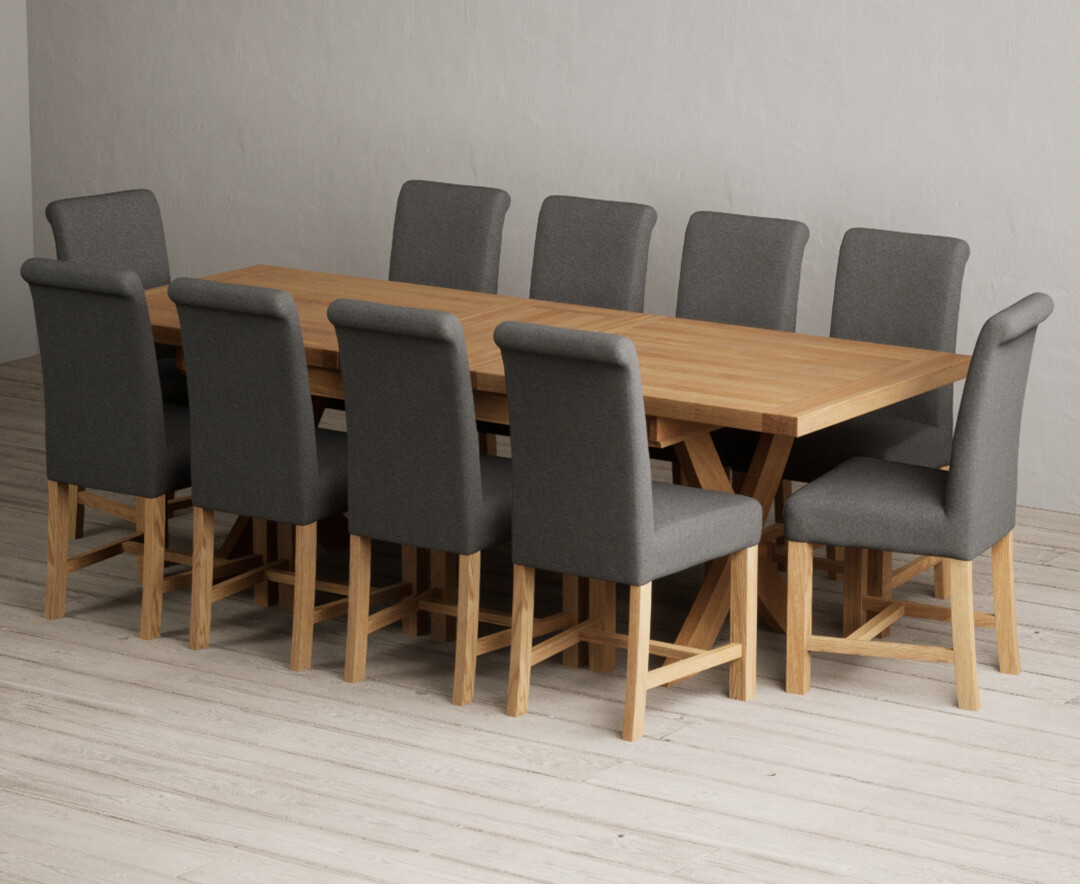 Extending Buckley 200cm Solid Oak Dining Table with 10 Charcoal Grey Braced Chairs