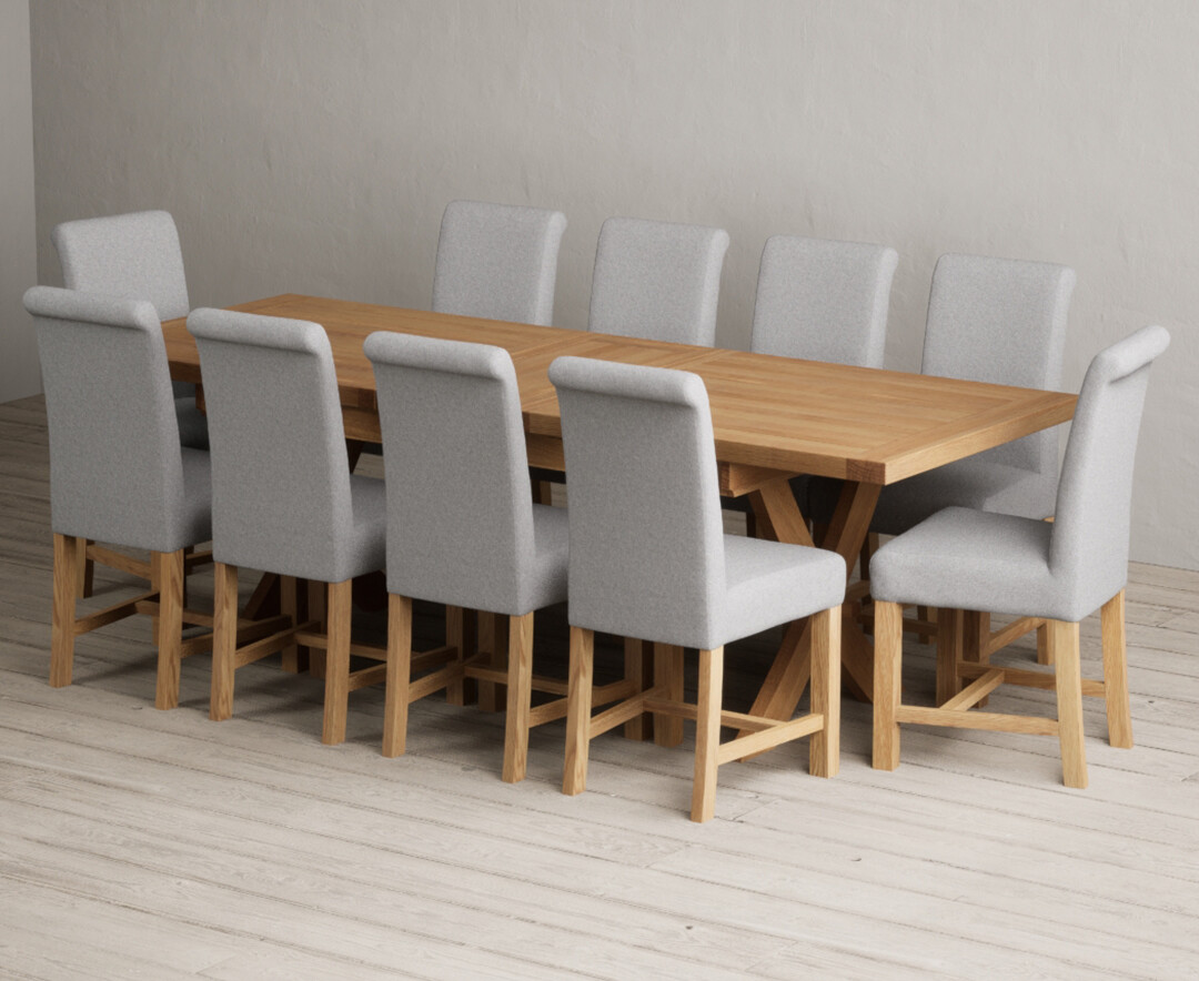 York 150cm Solid Oak Dining Table with 4 Light Grey York Chairs and 2 Oak Benches