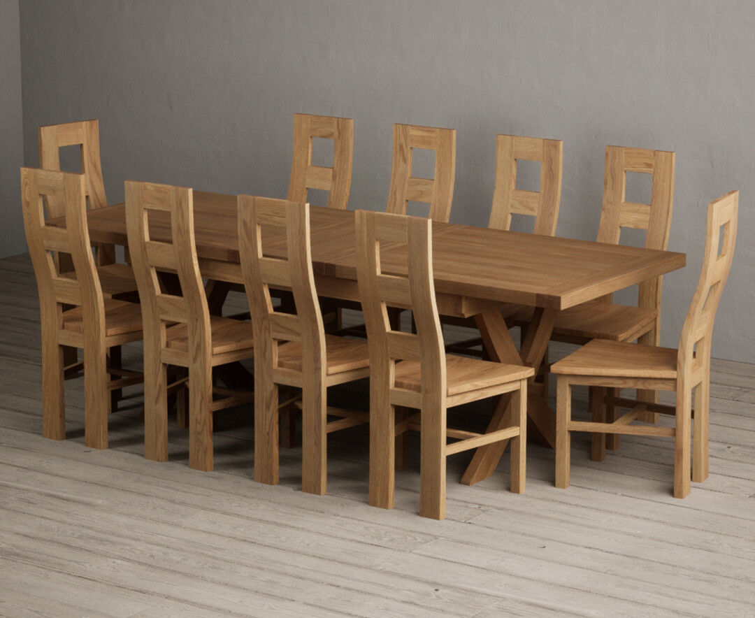 Extending Buckley 200cm Solid Oak Dining Table with 10 Oak Natural Chairs
