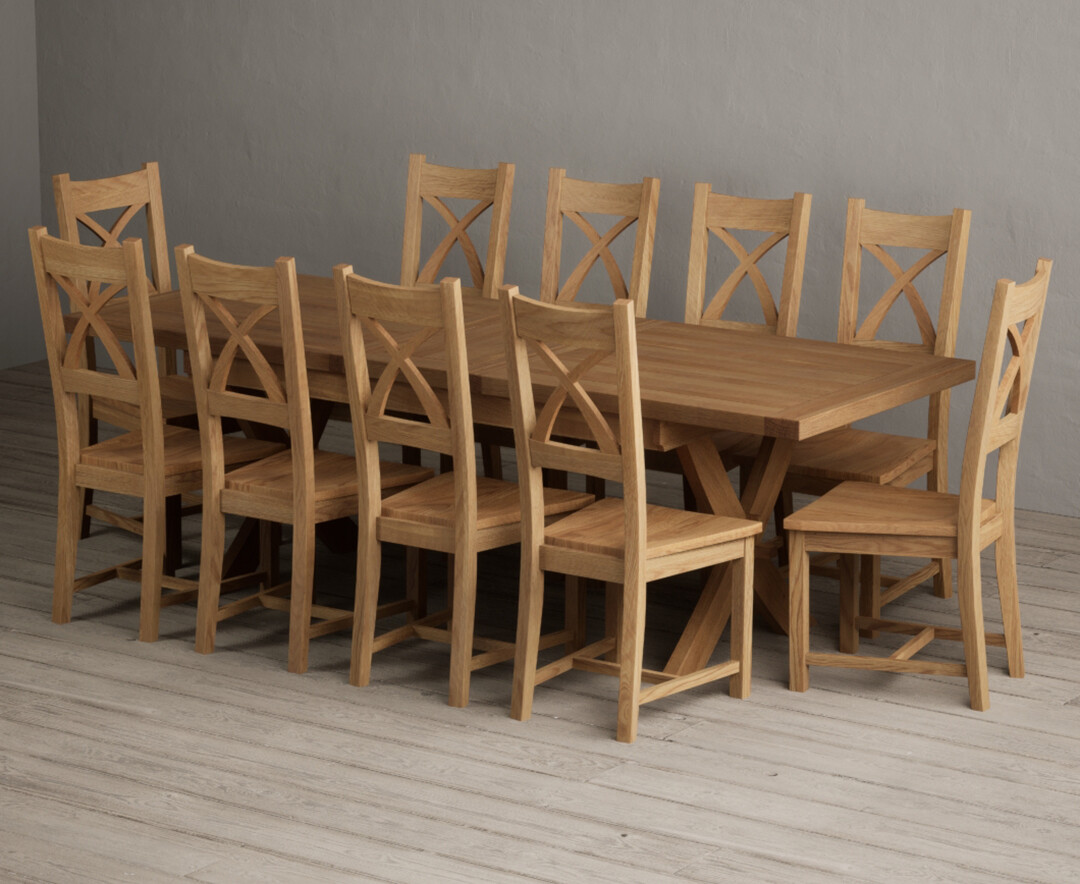 Extending Buckley 200cm Solid Oak Dining Table with 10 Oak Natural Chairs