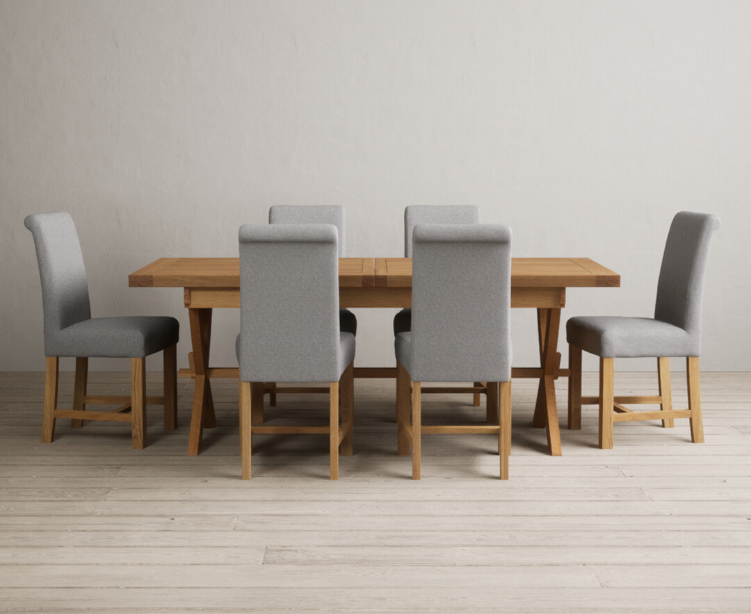York 150cm Solid Oak Dining Table with 4 Light Grey York Chairs and 2 Oak Benches