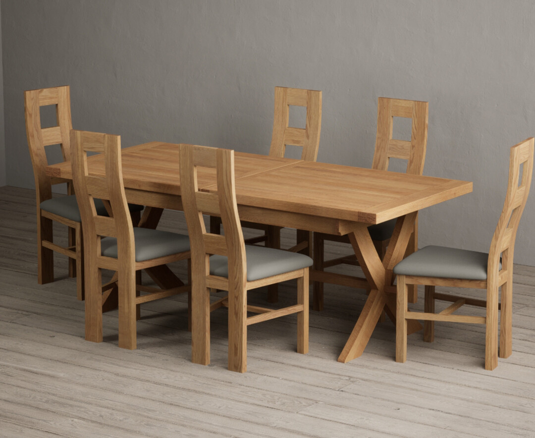Extending Buckley 200cm Solid Oak Dining Table with 6 Grey Natural Solid Oak Chairs