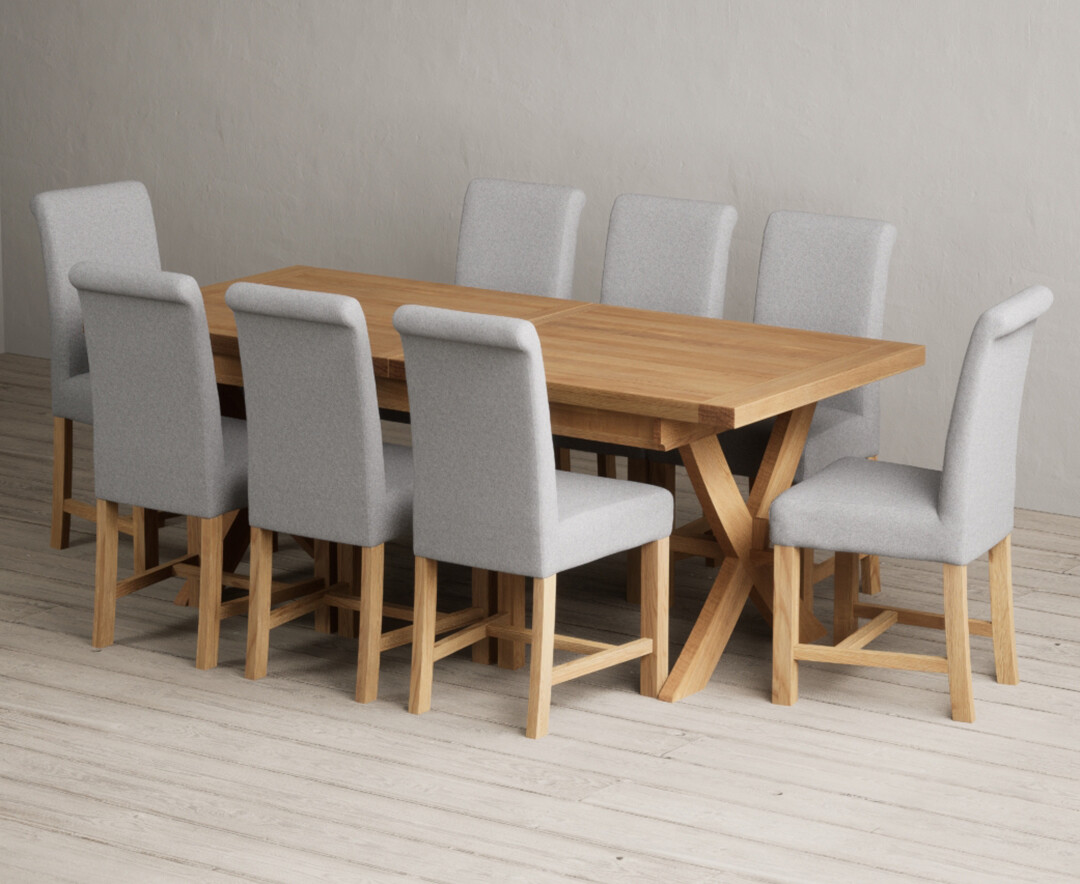 York 150cm Solid Oak Dining Table with 4 Light Grey York Chairs and 2 Oak Benches