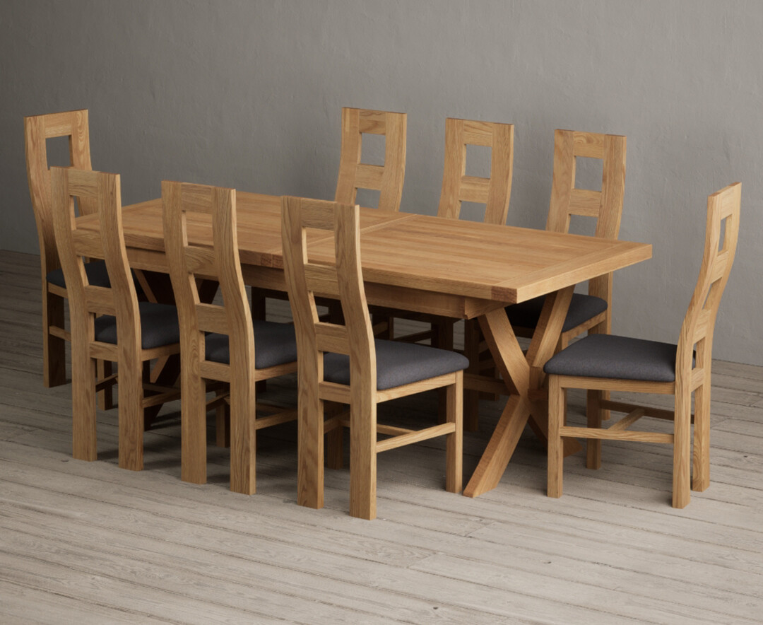 Extending Buckley 200cm Solid Oak Dining Table with 8 Charcoal Grey Natural Chairs