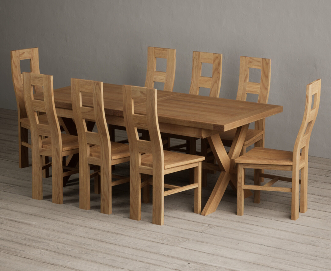 Extending Buckley 200cm Solid Oak Dining Table with 8 Oak Natural Chairs
