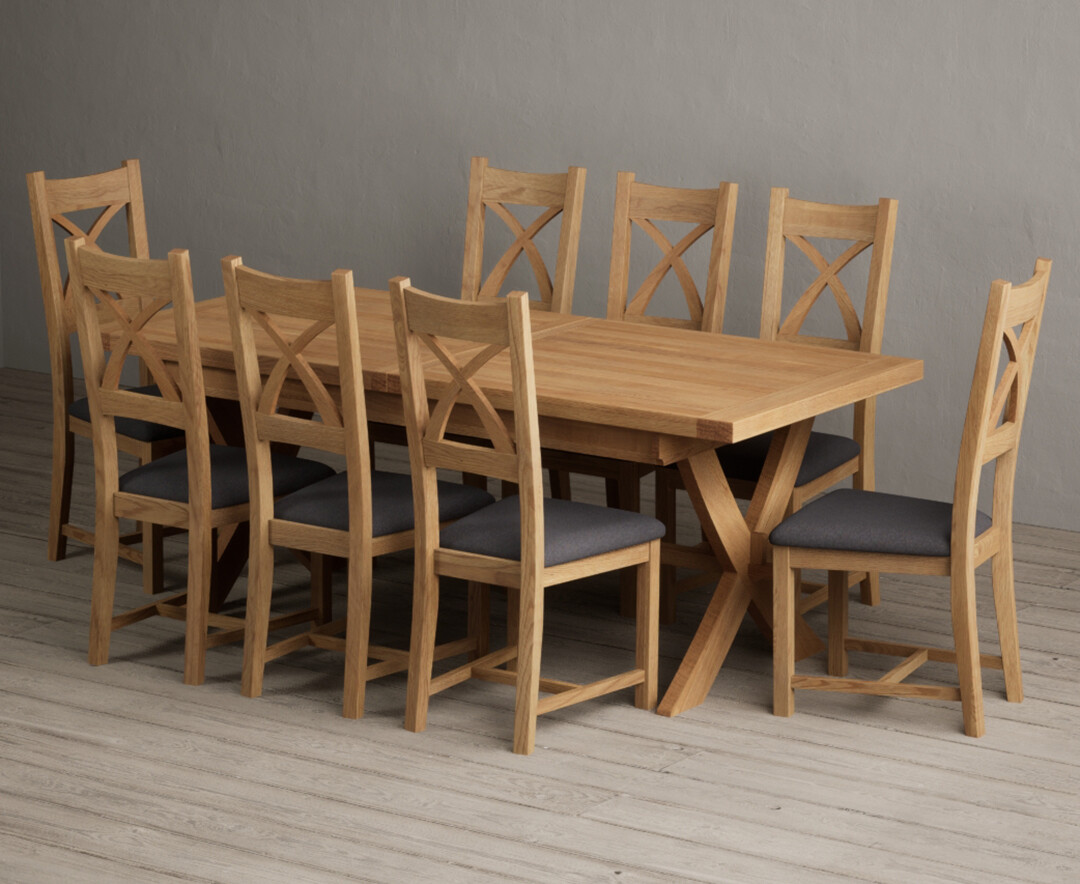 Extending Buckley 200cm Solid Oak Dining Table with 8 Charcoal Grey Natural Solid Oak Chairs