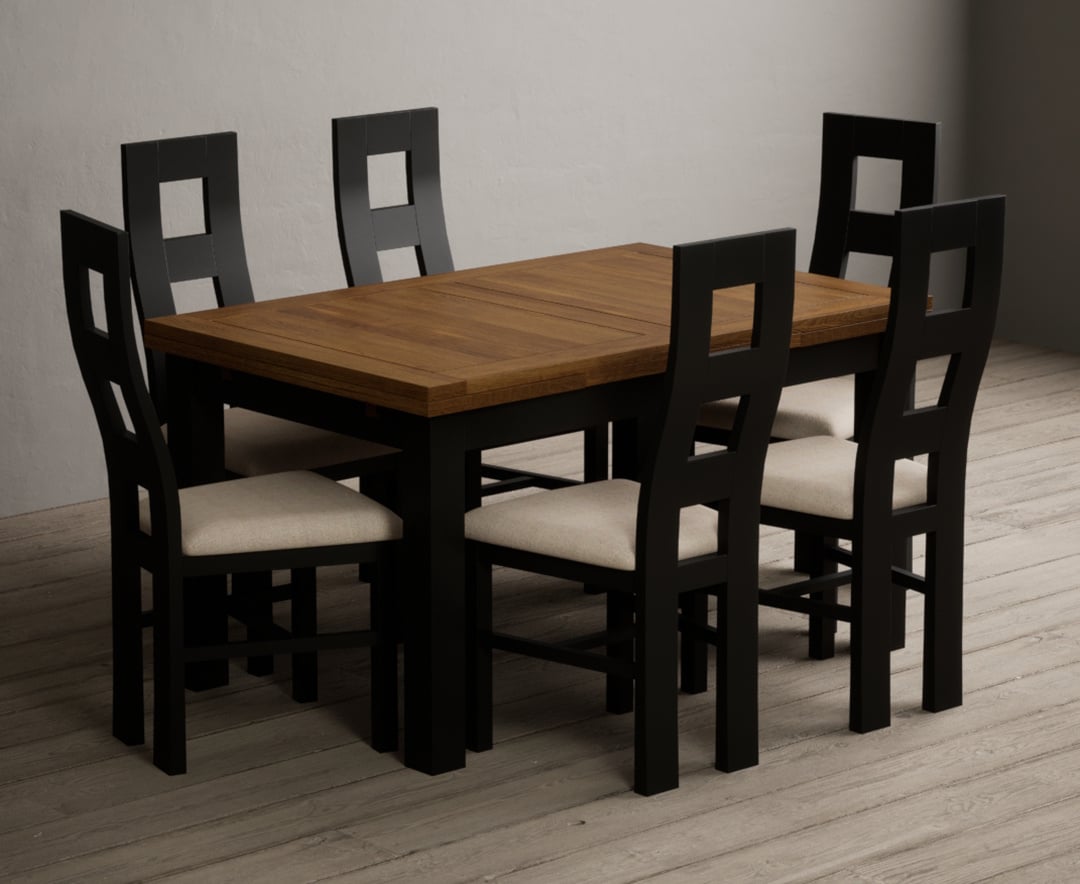 Extending Buxton 140cm Oak And Black Painted Dining Table With 6 Brown Painted Chairs