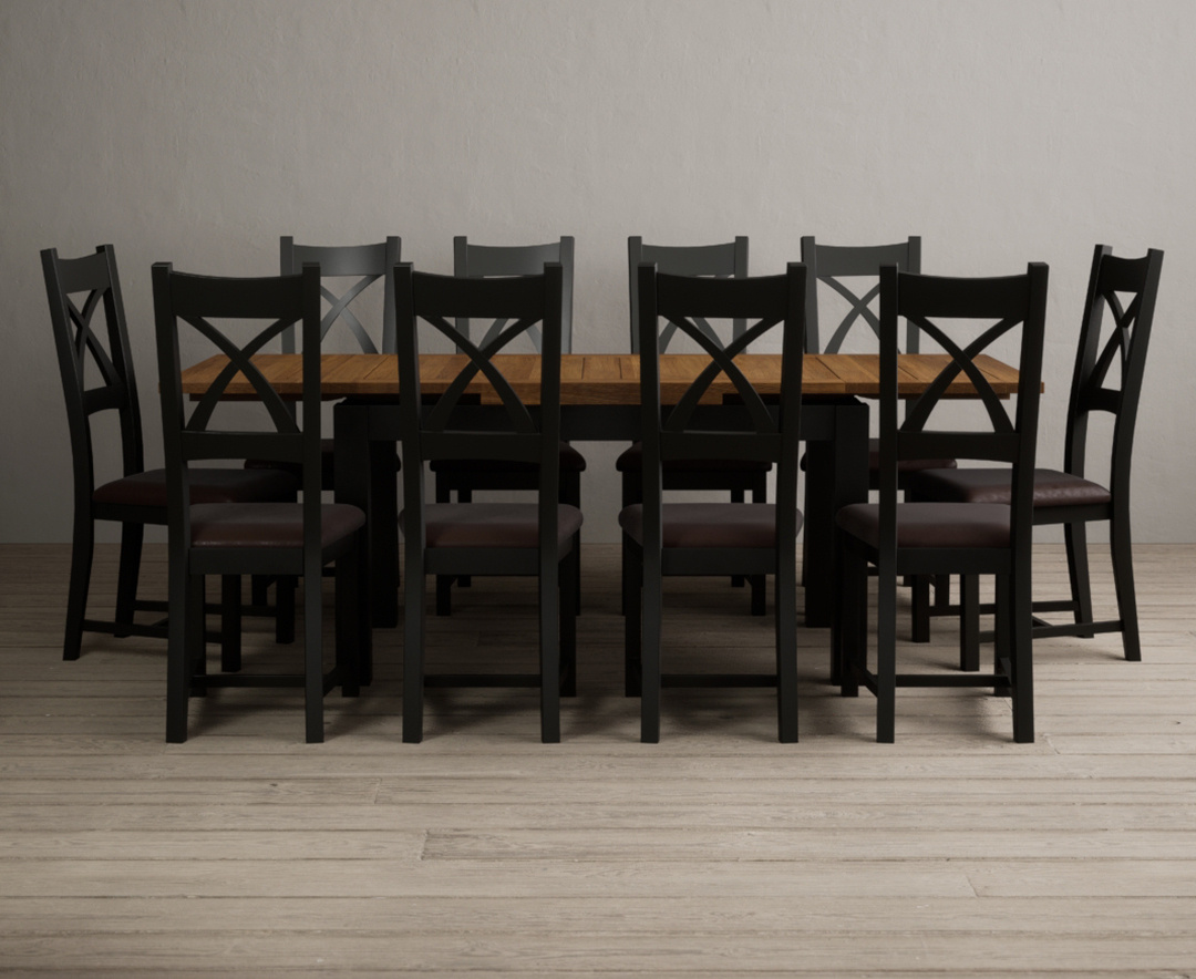 Extending Buxton 140cm Oak and Black Painted Dining Table with 8 Blue Painted Chairs