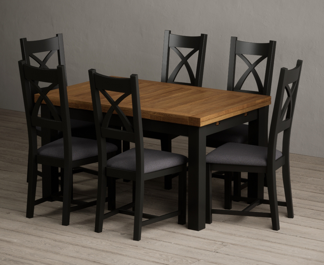 Extending Buxton 140cm Oak And Black Painted Dining Table With 10 Brown Painted Chairs