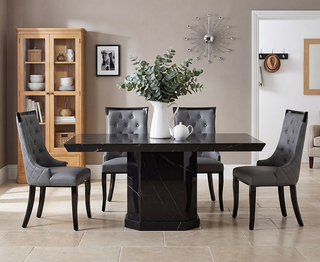 Carvelle 160cm Black Pedestal Marble Dining Table with 4 Grey Francesca Chairs