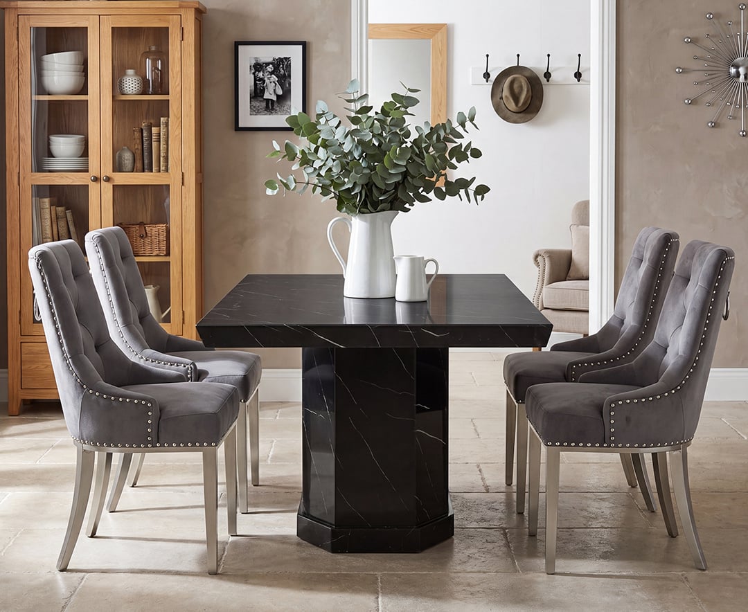 Carvelle 160cm Black Pedestal Marble Dining Table with 4 Grey Sienna Chairs