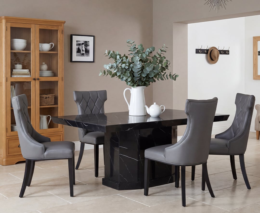Carvelle 160cm Black Pedestal Marble Dining Table with 4 Grey Sophia Chairs