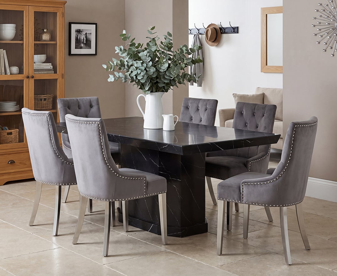 Carvelle 160cm Black Pedestal Marble Dining Table with 6 Grey Sienna Chairs