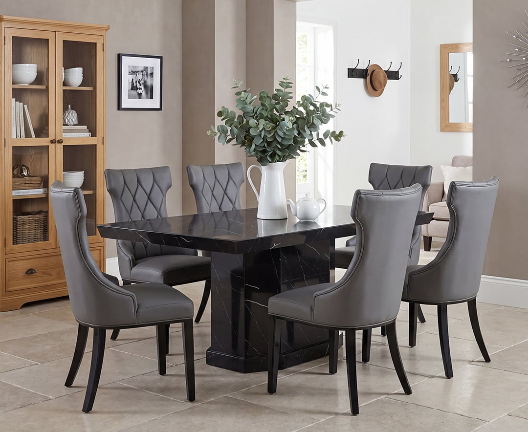 Carvelle 160cm Black Pedestal Marble Dining Table with 6 Grey Sophia Chairs