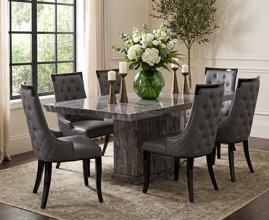 Carvelle 200cm Grey Pedestal Marble Dining Table with 6 Grey Francesca Chairs