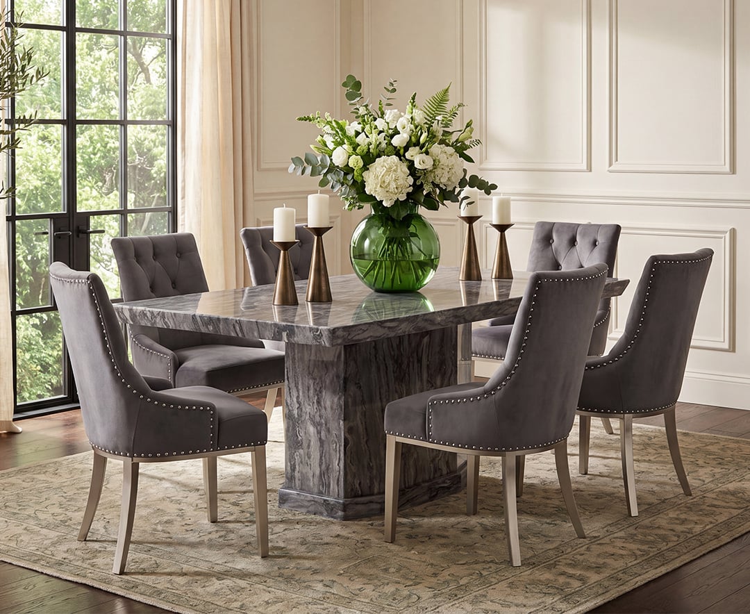 Carvelle 200cm Grey Pedestal Marble Dining Table with 6 Grey Sienna Chairs