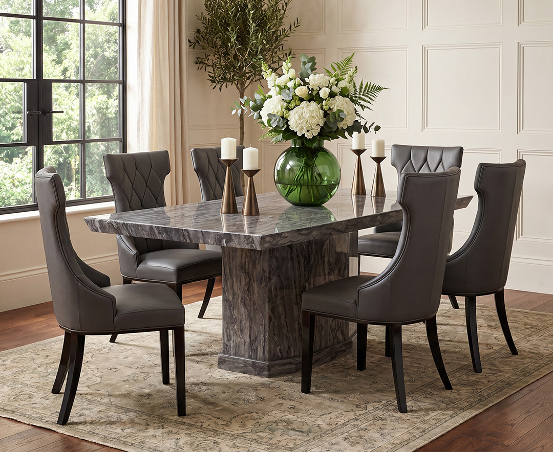 Carvelle 200cm Grey Pedestal Marble Dining Table with 6 Grey Sophia Chairs