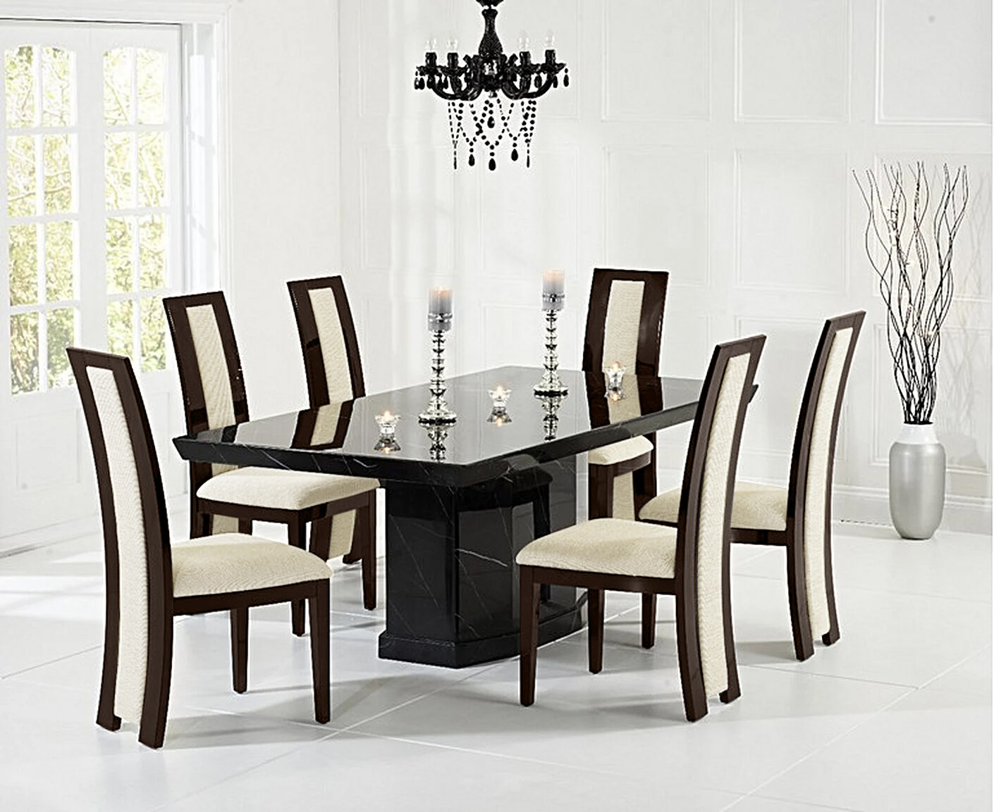 Carvelle 160cm Black Pedestal Marble Dining Table With 4 Brown Novara Chairs