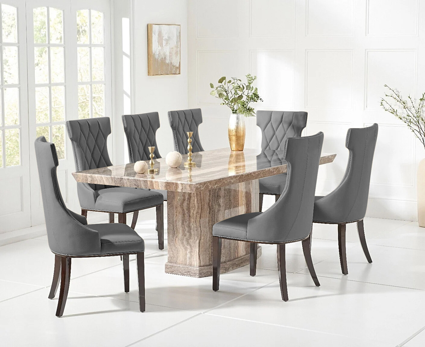 Carvelle 160cm Brown Pedestal Marble Dining Table With 6 Grey Sophia Chairs