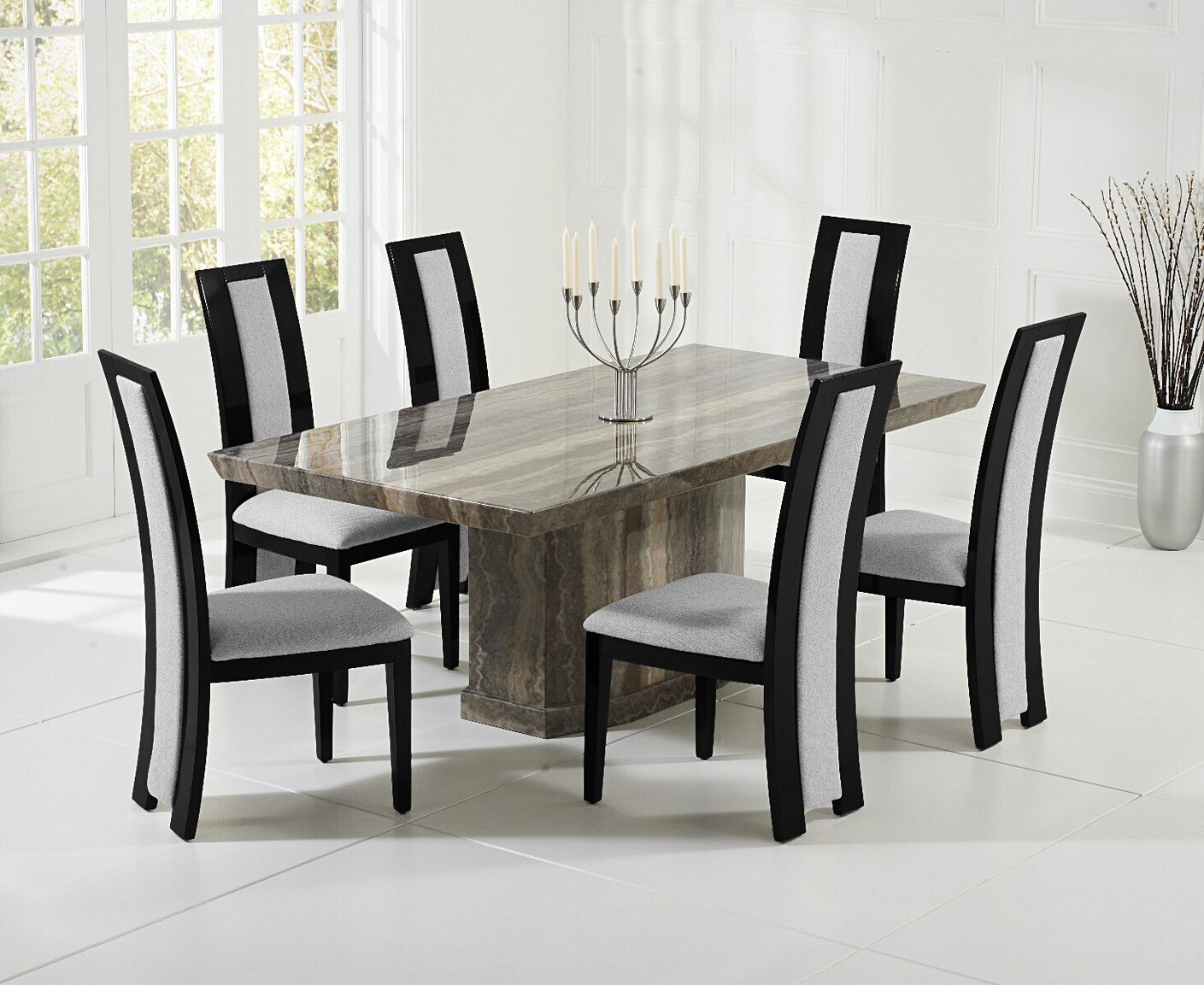Carvelle 160cm Brown Pedestal Marble Dining Table With 4 Black Novara Chairs