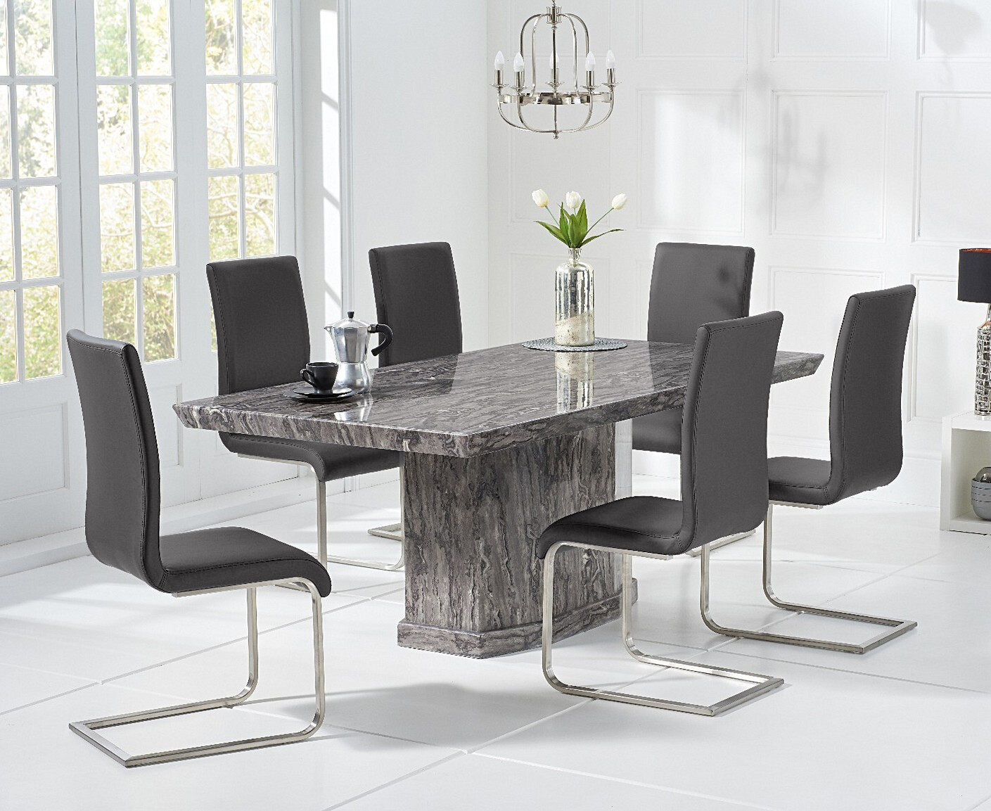 Carvelle 160cm Grey Pedestal Marble Dining Table With 8 Black Austin Chairs