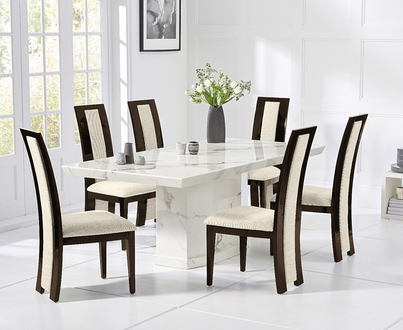 Carvelle 160cm White Pedestal Marble Dining Table With 4 Brown Novara Chairs