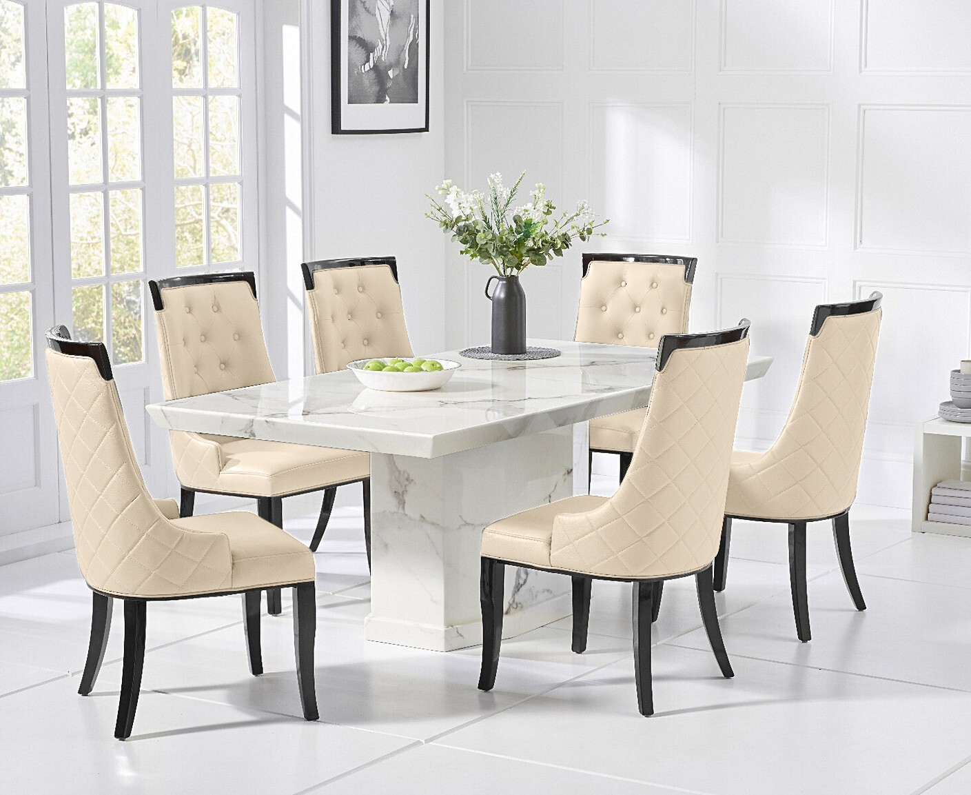 Carvelle 160cm White Pedestal Marble Dining Table With 6 Cream Francesca Chairs
