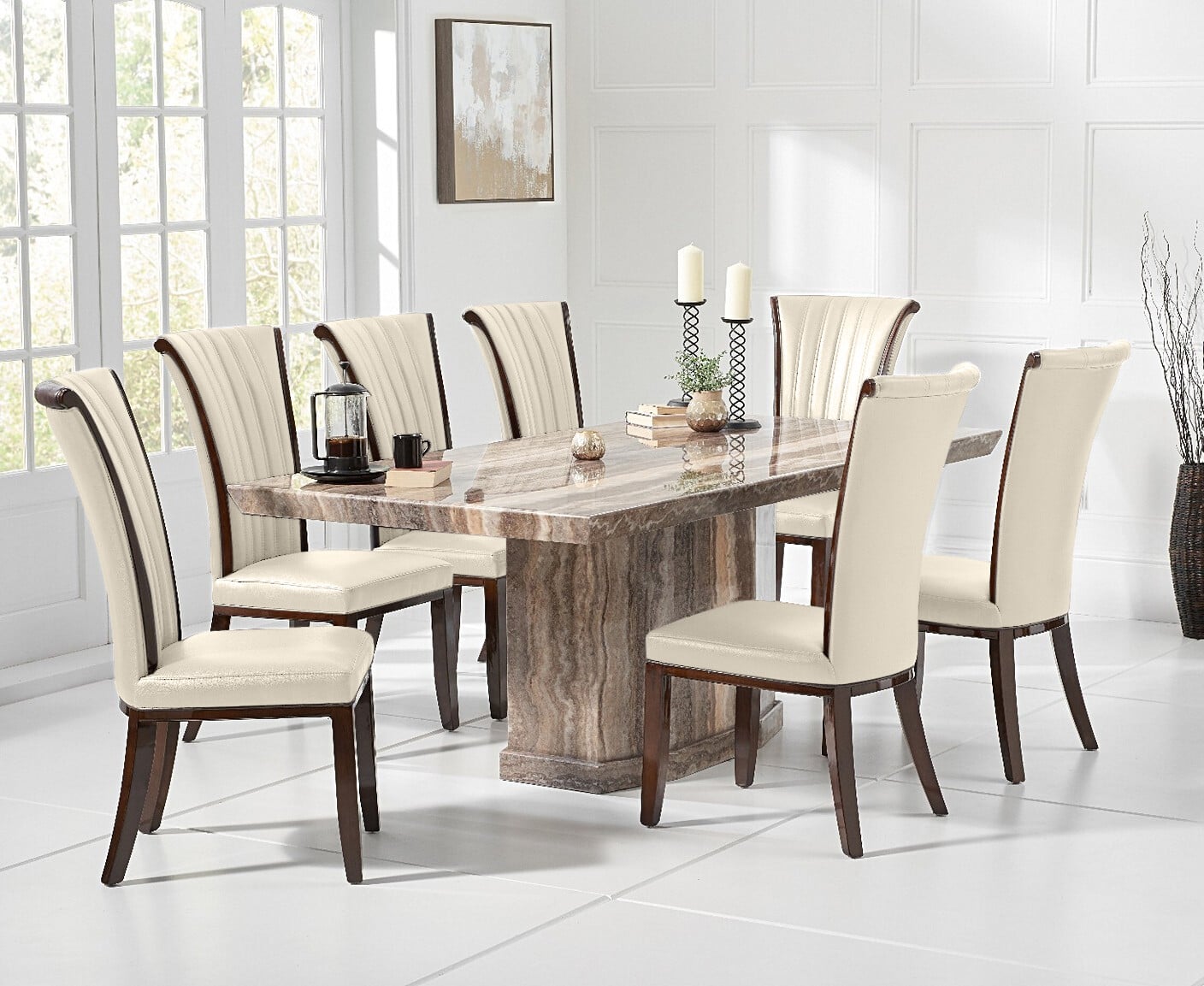 Carvelle 200cm Brown Pedestal Marble Dining Table with 10 Cream Lorient Chairs