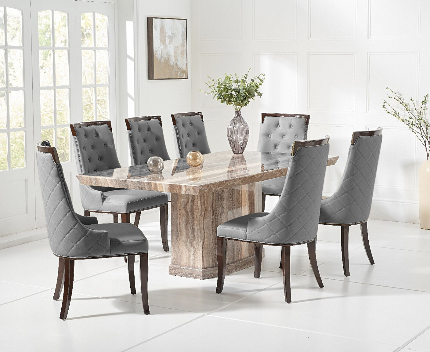 Carvelle 200cm Brown Pedestal Marble Dining Table With 6 Grey Francesca Chairs